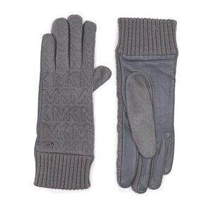Michael Kors Logo Womens Gray Quilted Knit Leather Trim Gloves Sz M New
